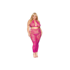 Ensemble Soutien-gorge et jupe longue en filet rose, grande taille 